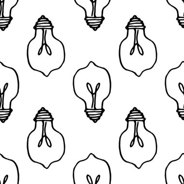 Vektör bir ampulün A desenini çiziyor. Karalama stilinde el çizimi izole bir element, yuvarlak şekilli bir ampul ikonundan yapılmış, genellikle bir tasarım şablonu için beyaz üzerine yerleştirilmiş siyah bir tezgah. Bir fikrin ve düşüncenin sembolü