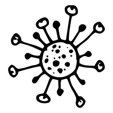 Vektör çizim mikrobu yuvarlak şekilli bir ikondur. Bakteri çizimi, içinde noktalar olan bir çember, farklı uzunluklarda daireler, el çizimi, siyah bir çizgi ile izole edilmiş, tıbbi tasarım cazibesi için beyaz üzerine karalama şeklinde.