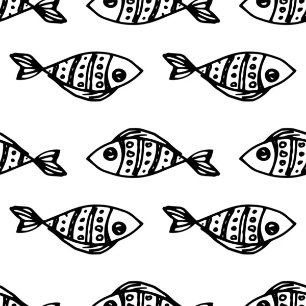 Вектор Рисунок Рыбных Каракулей Бесшовный Узор Узорчатых Линий Точек Черным — стоковый вектор