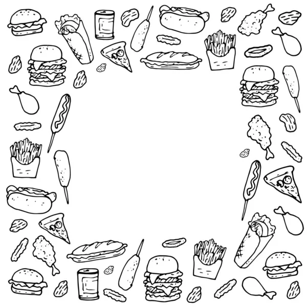 用快餐制成的老式正方形框架 冰淇淋 羊角面包 比萨饼 汉堡包 三明治 热狗的病媒图案 里面有一个空隙 画成涂鸦风格 是餐馆设计模板的黑色隔离轮廓 — 图库矢量图片