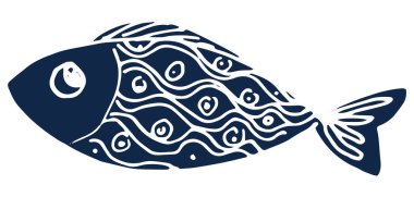 Vektör balığı. Çizik şekilli el çizimi küçük balıklar, çizgili çizgiler ve zikzaklar, koyu mavi bir arka planda bir çocuk tasarım şablonu için mavi izole edilmiş bir çizgi. Koyu mavi renkli stilize edilmiş bir balık. Deniz balığının izole elementleri