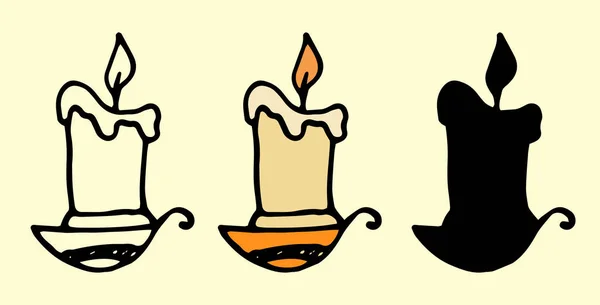 用手柄在烛台上点燃黄色蜡烛的图标 一组以涂鸦风格描绘的蜡烛 孤立的黑色轮廓和灯光下的轮廓 收集古董蜡烛末端用于标签和标识 复古草图图标 — 图库矢量图片