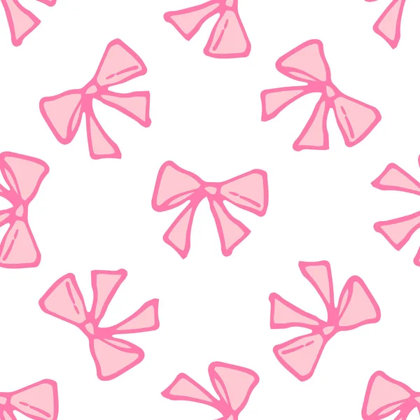Pattern of pink bow. seamless pattern of a simple bow in the style of doodles, a bow of pink ribbon in flat style, chaotically on white for a festive design template — Stock Vector