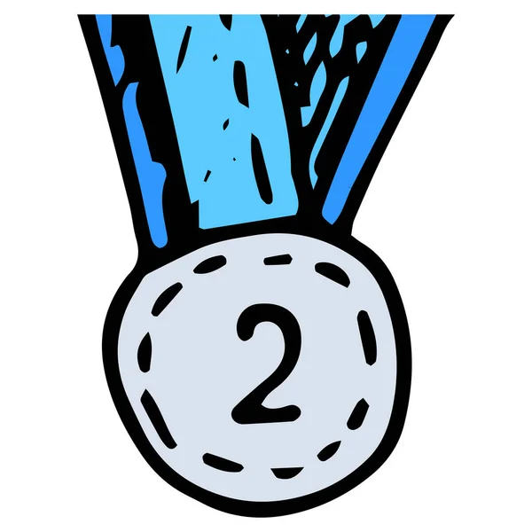 Um distintivo de medalha de prata com uma fita azul para o segundo lugar. uma medalha redonda no estilo de rabiscos para o segundo lugar em cinza, forma redonda com o número 2 em uma fita azul, um elemento isolado em um — Vetor de Stock