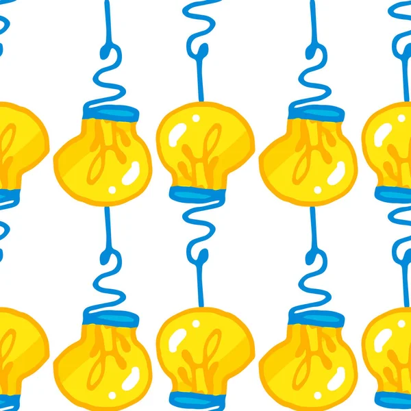 Шаблон жёлтой лампочки. бесшовный узор, нарисованный вручную, в мультяшном стиле, выполненный из ярко-желтой круглой лампочки с синей спиралью основания и проволоки, часто помещается вертикально на — стоковый вектор