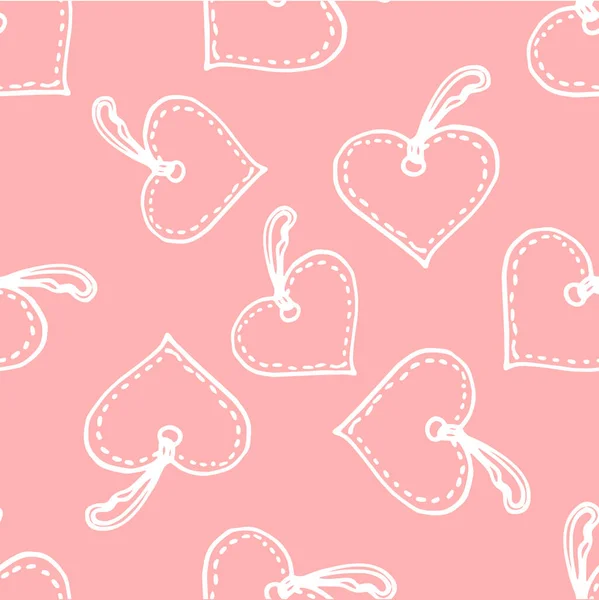 A heart-shaped paper tag pattern on pink. seamless pattern of a label heart with a ribbon with a decorative stripe stroke with a place for text. a white outline drawn by hand in the style of doodles . — Stock Vector