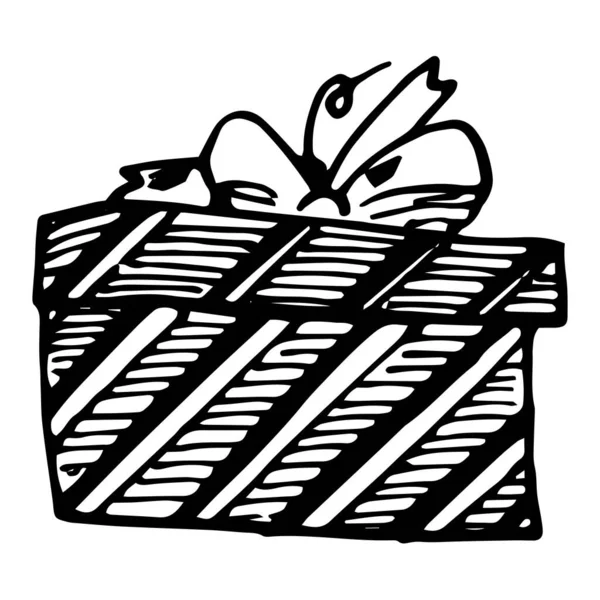 En presentask i ett paket med ett linjemönster med en rosett ovanpå, en horisontell låda isolerad med svart kontur. klotter stil presentförpackning för design mall — Stock vektor