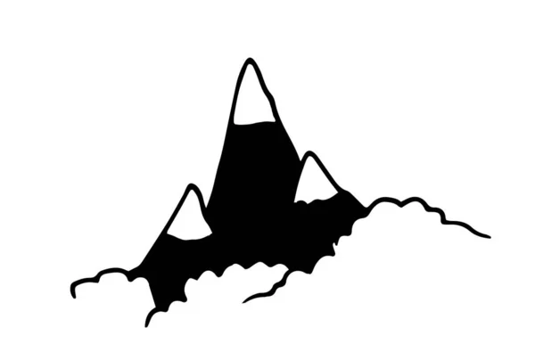 The icon is a mountain peak with snow on top. hand-drawn three mountains in black color and outline from the bottom of a forest or cloud, on white. mountain peaks bottom view simple doodle style — Stock Vector