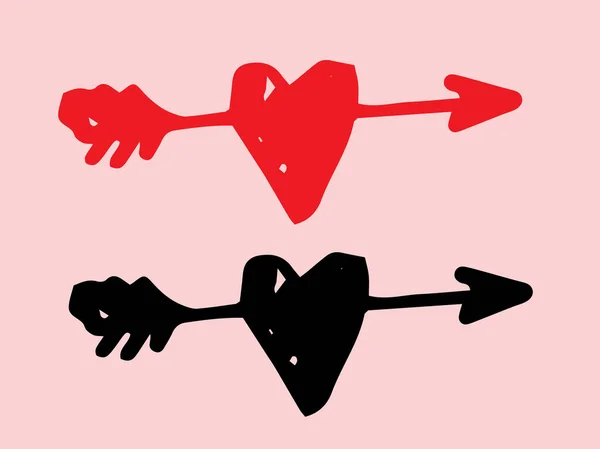 L'icona di un cuore rosso trafitto da una freccia. un insieme di un modello di cuore nero, disegnato in stile doodle, con una freccia dritta all'interno, sul bianco per un modello di design per San Valentino — Vettoriale Stock