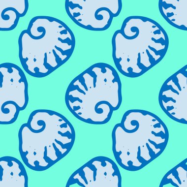 Vektör mavi deniz kabuklarının spiral desenlerini çiziyor. Çizimin kusursuz deseni, el çizimi karalama tarzıyla çizilmiş, mavi çizgiler, bir yaz tasarım şablonu için turkuaz üzerinde geometrik olarak düzenlenmiş