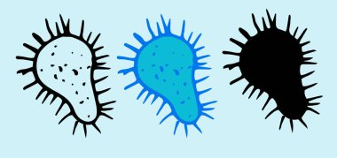 El çizimi vektör. Bakteri simgesi mavi. Düz olmayan şekilli bir mikrop. Siyah çizgili ve beyaz üzerine siluet çizilmiş karalamalar şeklinde. Tıbbi tasarım şablonu için dokusu ve dokunaçları olan oval şekilli bakteri elementi