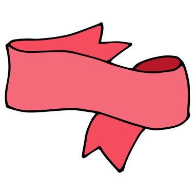 Kurdele ikonunun pembe bir bayrak rengi var. Farklı yönlere doğru eğimli üçgen uçlu klasik kurdelelerden yapılmış izole edilmiş bir afiş. metin, etiket şablonu, ambalaj için boş bir boşluk ile bir desen, pembe ve siyah ana hatlı