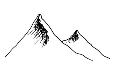 Vektör dağ sırası. Elle çizilmiş iki dağ zirvesi, beyazın üzerine siyah bir çizgi çizilmiş. Dağ tepeleri bir tasarım şablonu için basit bir karalama tarzı çizimdir. Üç dağ zirvesinin manzarası