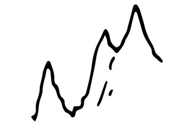 Vektör dağ sırası. Keskin tepeleri olan kayalar, beyazın üzerine siyah izole edilmiş çizgilerle çizilmiş. Gorge, bir dizayn şablonu için basit bir erişte stili çizim. Düz olmayan kayaların manzarası