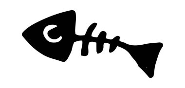 Bir balık iskeletinin vektör silueti. Kemikli, kenar manzaralı küçük bir balığın karalama stili çizimi, beyaz üzerine izole edilmiş siyah çizgiler, tasarım şablonu için çocukların izole edilmiş balık tarzı.