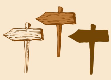 Eski ahşaptan yapılmış bir yol tabelası. Eski ahşaptan yapılmış yol işaretlerini yönlendir. Tahta yol işaretinin izole edilmiş bir elementinin vektörü, bir direğin keskin ucu ile dikdörtgen bir levha, kahverengi hat ve siluet tarzında elle çizilmiş.
