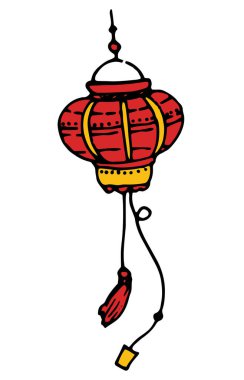 Çin fenerleri çok sarıdır. düz bir şekilde yuvarlak şekilli fenerler. Kırmızı ve sarı renkli toplardan oluşan bir Japon sokak lambasının izole edilmiş bir takım elementleri, izole edilmiş siyah çizgileri ve beyaz arka planda bir tasarım için bir siluet 