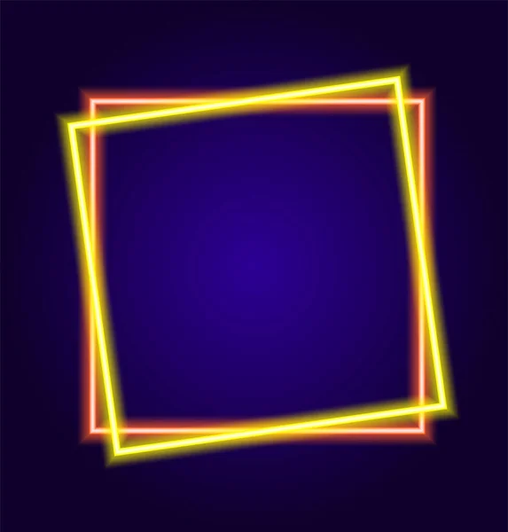 Neon kare çok renkli çerçeveler. Neon çerçeve sarı kare. İki turuncu ve sarı çizgi karanlıkta parlıyor, bir çift kare, reklam ve tabela tasarım şablonu için boş.