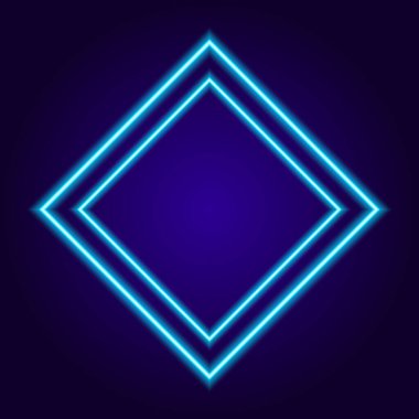 Koyu mavi arkaplan üzerinde vektör neon çerçeve çift çizgili renk ve içinde metin için boş bir boşluk. Bir elmas şeklindeki izole neon çizgilerin deseni, element mavi parlar. Mavi arka grupta siyah neon kare turkuaz modada