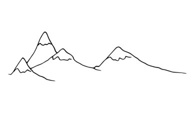 Bir dağ sırası. Beyaz arka planda siyah bir çizgi ile elle çizilmiş dağ zirveleri. Dağ sırtı. Elle çizilmiş dağ zirveleri ve beyaz üzerine siyah izole edilmiş bir çizgi. Dağ tepeleri, bir dizayn şablonu için basit bir erişte tarzı çizimdir. Ian