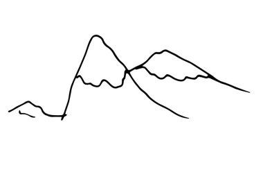 Dağ sırtı. Elle çizilmiş dağ zirveleri ve beyaz üzerine siyah izole edilmiş bir çizgi. Dağ tepeleri, bir dizayn şablonu için basit bir erişte tarzı çizimdir. Üç dağ zirvesinin manzarası. dört dağ zirvesi vektörünün manzarası