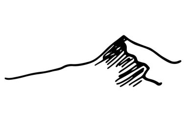 Bir dağ sırası. Beyaz arka planda siyah bir çizgi ile elle çizilmiş dağ zirveleri. Dağ sırası. Dağ zirveleri beyazın üzerinde siyah bir çizgi ile elle çizilir. Dağ, bir tasarım şablonu için basit bir karalama tarzı çizimdir. Düz olmayan kayaların manzarası