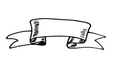 Sancak çizimi. Üçgen uçlu klasik simetrik kurdeleden yapılmış izole afiş ögesi, metin, etiket şablonu ve ambalaj için boş boşluğu olan beyaz arkaplan üzerindeki siyah ana hatlar. Vektör simgesi. Pankartın vektör çizimi. İzole edilmiş banne