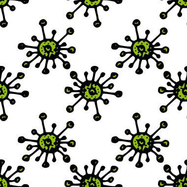 Yeşil virüsten bir örnek oluştur. Düz şekilli, ışın dokunaçlı dokunaçları olan el yapımı yuvarlak bir mikrop. Tasarım şablonu için beyaz üzerine siyah çizgili izole bir element. Tıbbi illüstrasyon..