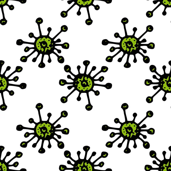 Вектор Образца Зеленого Вируса Ручной Рисунок Круглого Микроба Лучевым Щупальцем — стоковый вектор