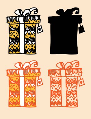 Siyah karalama seti hediyeli klasik eskiz kurdelesi. Sarı ambalajlı, üzerinde ip yay olan bir hediye kutusunu yönlendir. Siyah, dikdörtgen, dikdörtgen bir kutuda siluet tasarım şablonu için karalama biçimi ile baş aşağı