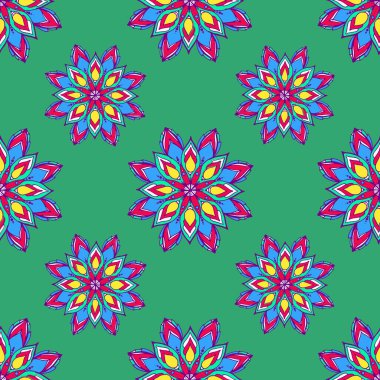 El yapımı vektör mandala. Parlak renklerden oluşan elle çizilmiş bir vektör mandala. Renkli etnik mandala deseni. Parlak renkli serbest vektör mandala. Mandala 'nın kusursuz deseni, mavi ve kırmızımsı çiçeklerin simetrik deseni.