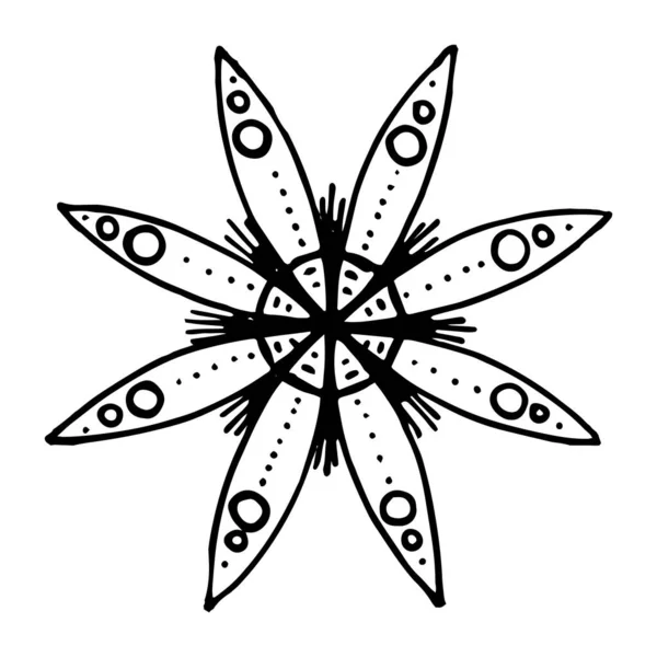 三角形のパターンを持つ円を持つベクトル形式のマルチパス星 円とドットを内側に持つ単純なマンダラのスケッチスタイルで手描き デザインテンプレートのための白い背景にデザインテンプレートのための白の上に分離された黒い線 — ストックベクタ