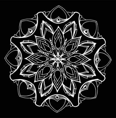 El yapımı vektör mandala. Elle çizilmiş vektör mandala. Mandala yuvarlak çiçekli, desenli simetrik desenli siyah desenli izole beyaz yapraklı süsleme için. Tasarım şablonunuz için izole edilmiş etjik öge