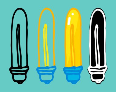 Basit bir vektör. Dikdörtgen şeklinde yuvarlak bir ampul için farklı seçenekler kümesi. Karalamalar şeklinde çizilmiş, izole siyah bir dış hat ve silüet. Parlak sarı ampul desenli, uzun dikdörtgen şekilli ve parlak şeritli.