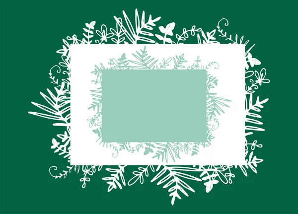 古色古香的长方形框架 花朵的轮廓 双框白色和绿色模板 里面有一个空的空间 用于邀请函的文本 带有装饰风格的叶子用于婚礼和标签 古旧自然的例证 很简单 — 图库矢量图片