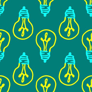 Sarı vektör ampul simgesi. Yeşil bir ampulde sarı bir ampul deseni. Çizgi film tarzı bir lambanın el çizimi izole edilmiş bir tasarım şablonu olarak genellikle koyu yeşil bir arka planda. Fikrin ve düşüncenin sembolü
