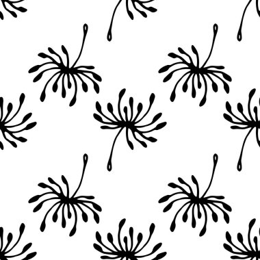 Bir karahindiba tohumu deseni. Karahindiba tohumu deseni. Kabarık bir karahindiba tohumunun elle çizilmiş, kusursuz siyah çizgisi, düzensiz bir şekilde bir tasarım şablonu için beyaza yerleştirilmiş. Kusursuz soyut desen, doku izi