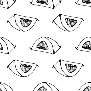 Çadırdaki desen. Yürüyüş için kamp çadırından kusursuz desenler, basit bir çadırın izole edilmiş siyah çizgileri, genellikle tasarım şablonu için beyaz üzerine açık bir girişi olan çiviler üzerine gerilmiş. Eskiz simgesini Retro ile