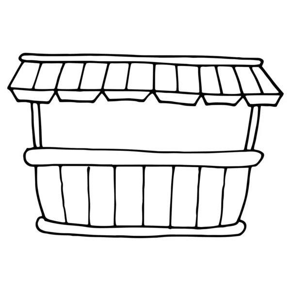 病媒隔离的产品市场集 商品市场的示意图 户外信息亭木制计数器 顶部有带条纹的织物遮阳篷 白色的黑色绝缘轮廓设计模板 织物设计的涂鸦市场计数器 — 图库矢量图片