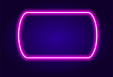 Neon sarı dikdörtgen. Vektör neon mor dikdörtgen çerçeve. Yuvarlak kenarlı parlak dikdörtgen bir şablonun vektör çizimi, karanlıkta parlayan pembe mor, içinde tasarım şablonu için metin için boş bir boşluk. Vektör tasarımı