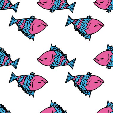 Renkli karalama balığı. Vector. Pirana deseni pembe ve maviden memnun değil. Karalama tarzı balığın kusursuz deseni, çocuklar için bir tasarım şablonu için zigzag karakter çizgisi kalıbıyla eğlenceli bir şekilde tatminsizdir.