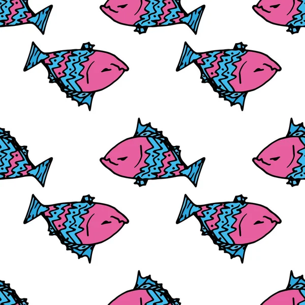 Pescado Garabato Colorido Vector Patrón Piraña Está Satisfecho Con Rosa — Vector de stock