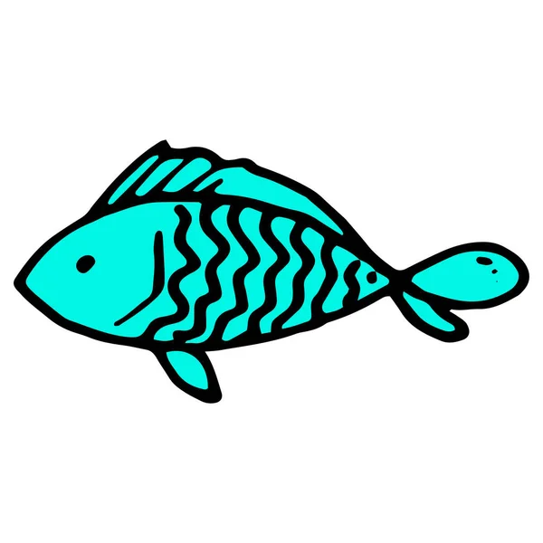 ベクトルターコイズ魚アイコン 青い魚が描かれています 黒い輪郭の明るい青 波状の鱗のパターン サイドビュー — ストックベクタ