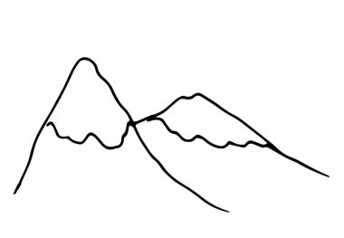 Vector Dağı kar sırtı. Elle çizilmiş dağ zirveleri ve beyaz üzerine siyah izole edilmiş bir çizgi. Kar şapkalı bir dağın dumanı bir tasarım şablonu için elle çizilmiş basit bir karalama tarzıdır. İki dağ zirvesi ve bir yamaç manzarası