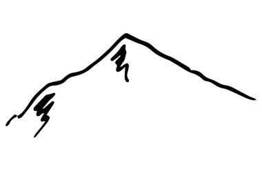 Vektör dağ sırası çizgisi. Dağ zirveleri, beyaza izole edilmiş siyah çizgilerle çizilmiş. Dağ, bir tasarım şablonu için basit bir karalama tarzı çizimdir. Sivri uçlu kayalıkların manzarası