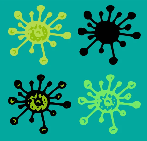 Vector Icono Del Virus Verde Conjunto Dibujado Mano Microbios Forma — Vector de stock