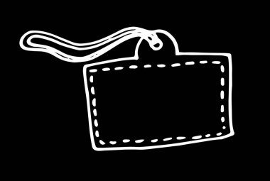 Kurdelenin üzerinde yatay dikdörtgen şeklinde bir hediye etiketi çizen vektör. Hediyeler için dikdörtgen karalama etiketi ve satış şablonu için siyah vintage üzerine izole beyaz ana hatlı alışveriş