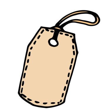 Vektör vintage boş dikdörtgen hediye etiketi çiziyor. Dikdörtgen boş hediye etiketi. Karalama tarzında çizilmiş, bej renkli siyah ana hat, beyaz tasarım şablonu üzerinde iplikler desenli eğimli köşeli bir kurdele ile dikdörtgen şekil