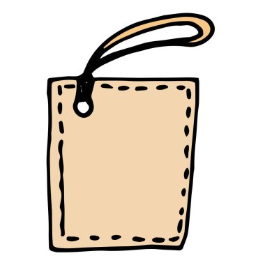 Vektör vintage boş dikdörtgen hediye etiketi çiziyor. Kahverengi kağıttan yapılmış dikdörtgen boş hediye etiketi. Bir karalama stilinde el çizimi, bej renkli siyah ana hat, beyaz d harfi üzerinde boş kısa vuruşlar desenli bir kurdele ile dikdörtgen şekil