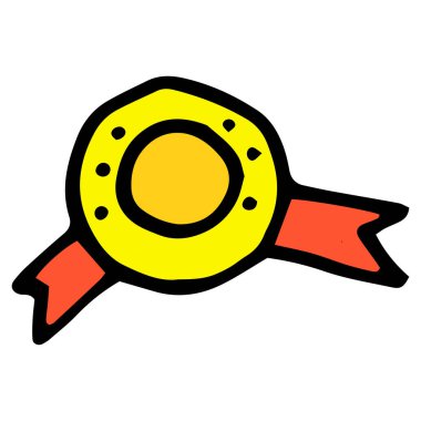 Düz bir stilde kırmızı kurdeleli altın madalyalar. Simge, düz bir tarzda kırmızı kurdeleli altın bir madalya. Yuvarlak bir madalya, sarı, siyah çizgili, iki kırmızı kurdeleli, beyaz üzerine izole edilmiş karalamalar.